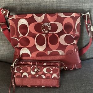 New red Coach bag and wallet